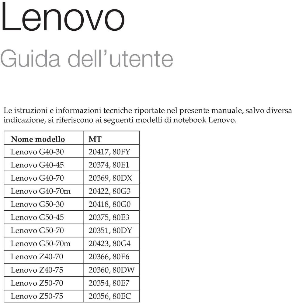 Nome modello Lenovo G40-30 Lenovo G40-45 Lenovo G40-70 Lenovo G40-70m Lenovo G50-30 Lenovo G50-45 Lenovo G50-70 Lenovo G50-70m