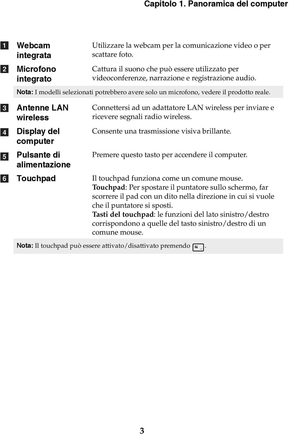 Antenne LAN wireless Display del computer Pulsante di alimentazione Touchpad Connettersi ad un adattatore LAN wireless per inviare e ricevere segnali radio wireless.