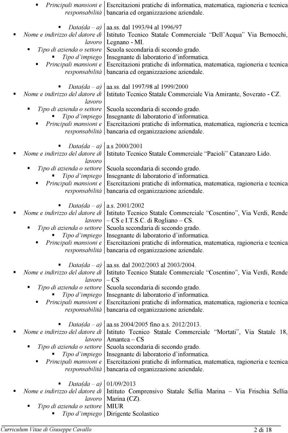 dal 1993/94 al 1996/97 Istituto Tecnico Statale Commerciale Dell Acqua Via Bernocchi, Legnano - MI. aa.ss. dal 1997/98 al 1999/2000 Istituto Tecnico Statale Commerciale Via Amirante, Soverato - CZ. a.s 2000/2001 Istituto Tecnico Statale Commerciale Pacioli Catanzaro Lido.