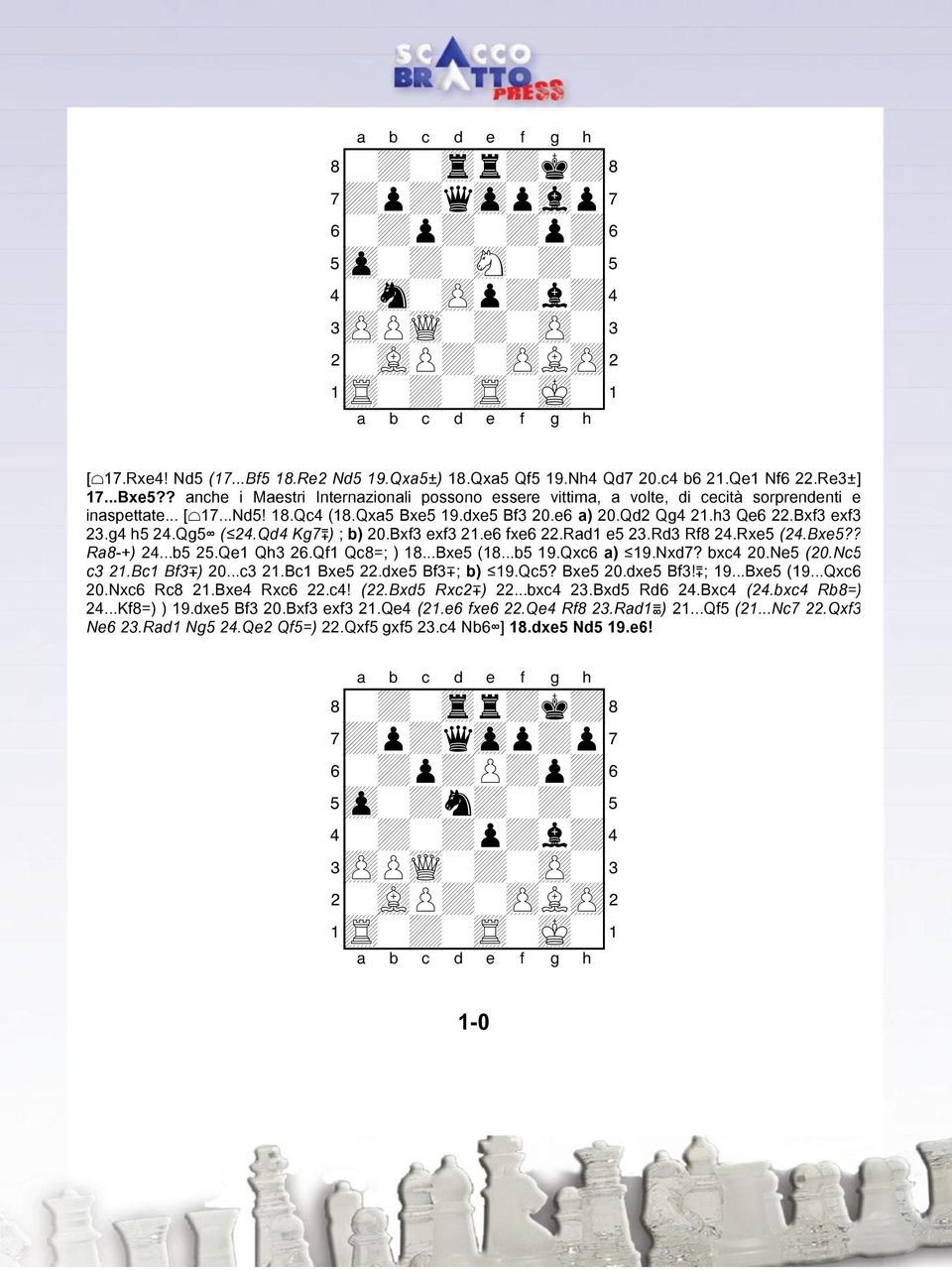 Bxf3 exf3 23.g4 h5 24.Qg5 ( 24.Qd4 Kg7³) ; b) 20.Bxf3 exf3 21.e6 fxe6 22.Rad1 e5 23.Rd3 Rf8 24.Rxe5 (24.Bxe5?? Ra8 +) 24...b5 25.Qe1 Qh3 26.Qf1 Qc8=; ) 18...Bxe5 (18...b5 19.Qxc6 a) 19.Nxd7? bxc4 20.
