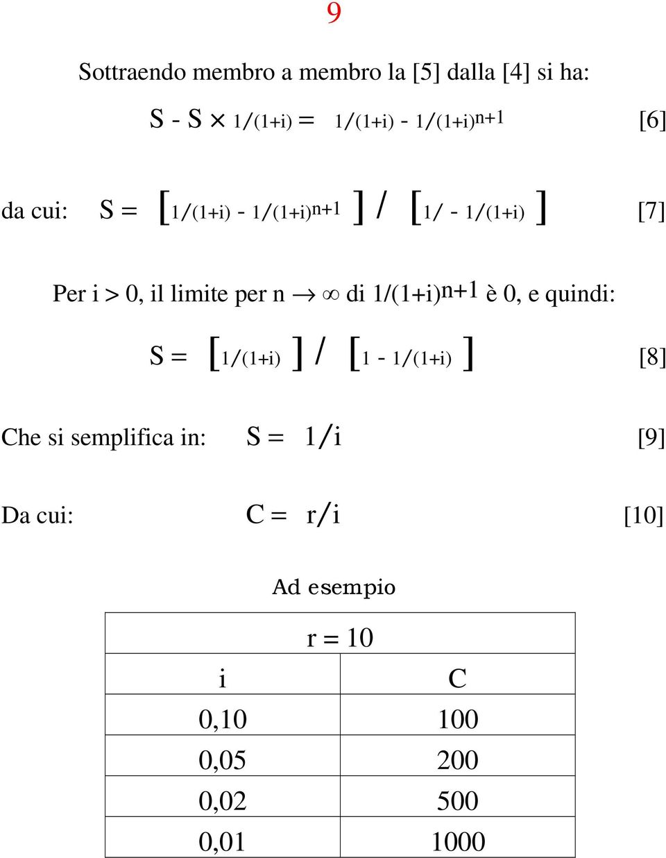 limite per n di 1/(1+i)n+1 è 0, e quindi: S = [1/(1+i) ] / [1-1/(1+i) ] [8] Che si