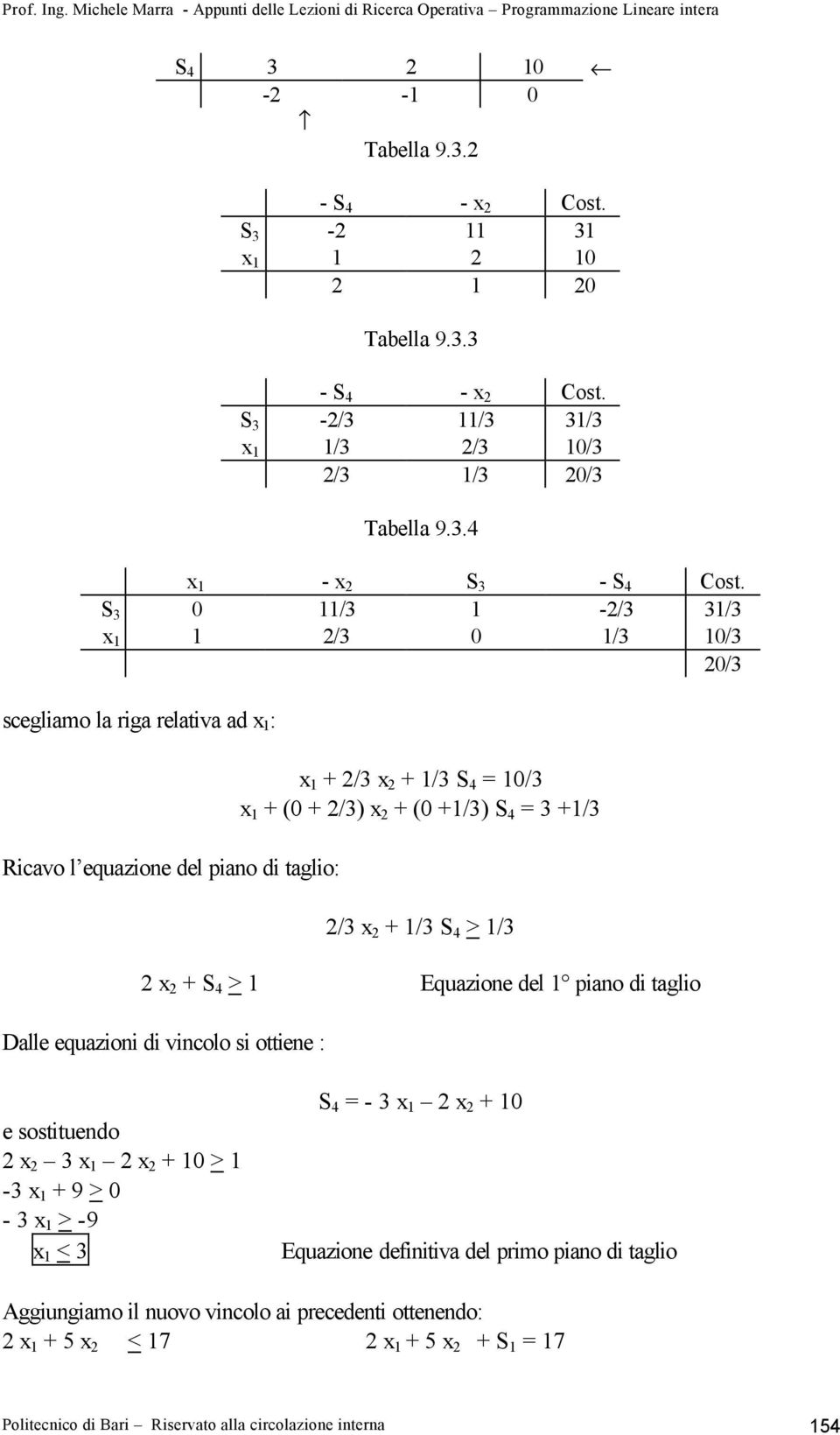 2/3 x 2 + 1/3 S 4 > 1/3 2 x 2 + S 4 > 1 Equazione del 1 piano di taglio Dalle equazioni di vincolo si ottiene : e sostituendo 2 x 2 3 x 1 2 x 2 + 10 > 1-3 x 1 + 9 > 0-3 x 1 > -9 x 1 < 3 S 4 = - 3 x 1