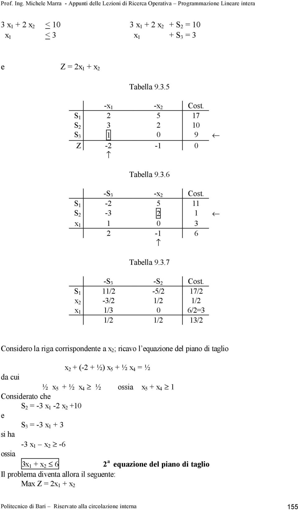 S 1 11/2-5/2 17/2 x 2-3/2 1/2 1/2 x 1 1/3 0 6/2=3 1/2 1/2 13/2 Considero la riga corrispondente a x 2 ; ricavo l equazione del piano di taglio x 2 + (-2 + ½) x 5 + ½ x 4 = ½ da