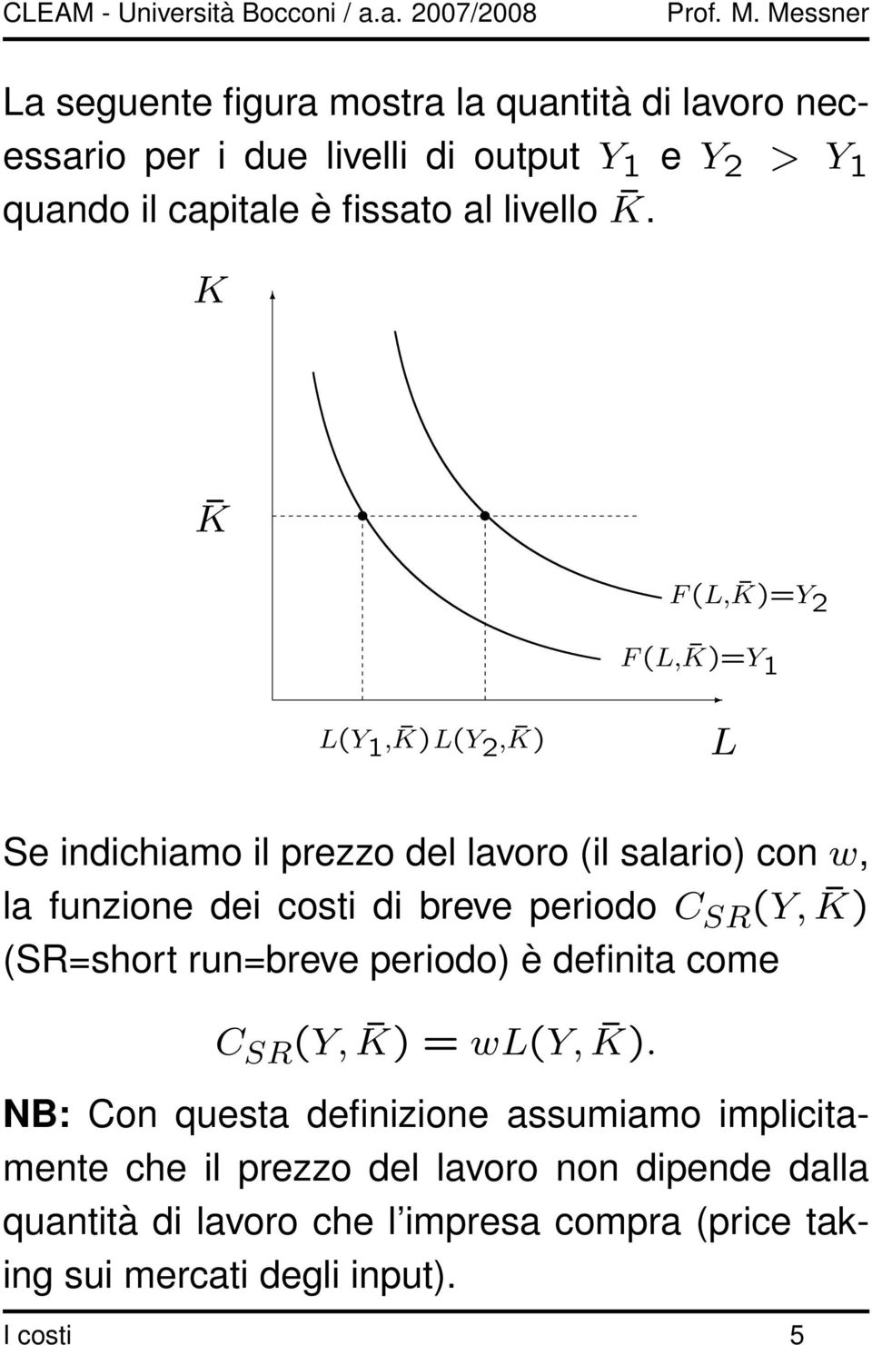 K K F (L, K)=Y 2 L(Y 1, K)L(Y 2, K) F (L, K)=Y 1 L Se indichiamo il prezzo del lavoro (il salario) con w, la funzione dei costi di breve