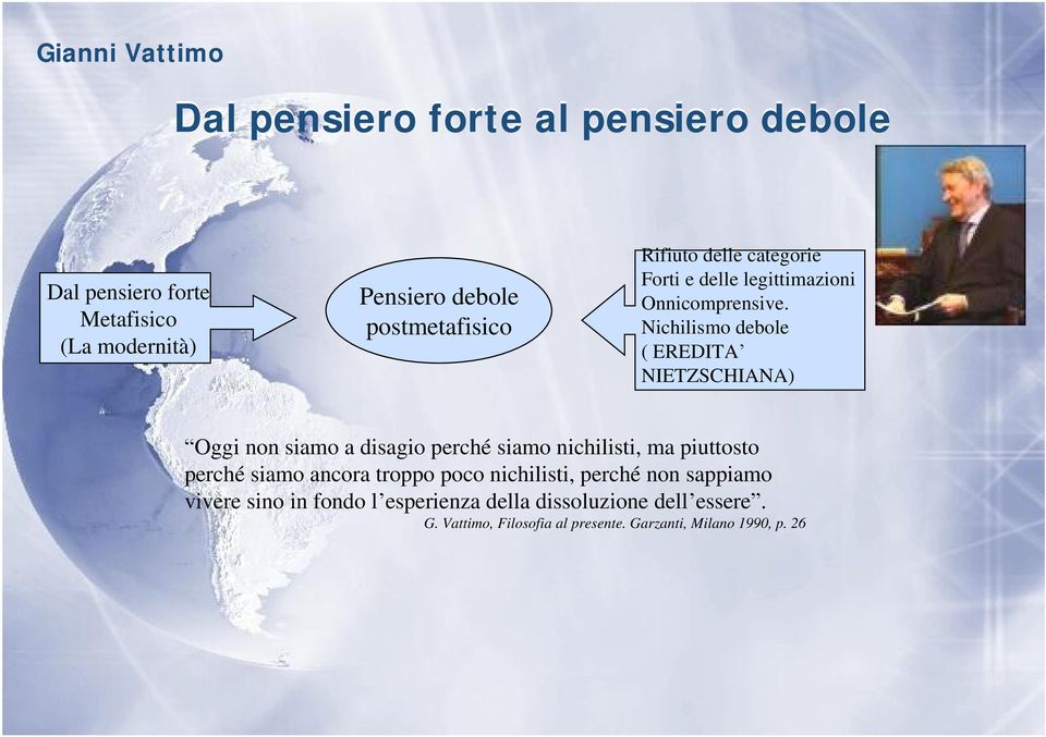 Nichilismo debole ( EREDITA NIETZSCHIANA) Oggi non siamo a disagio perché siamo nichilisti, ma piuttosto perché siamo ancora