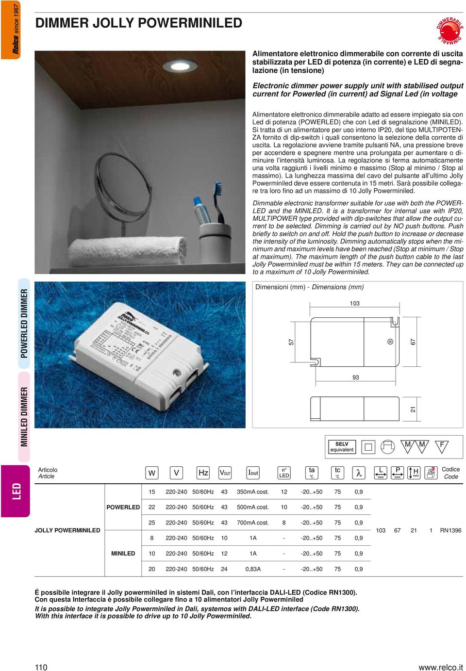 (POWER) che con Led di segnalazione (MINI). Si tratta di un alimentatore per uso interno IP20, del tipo MULTIPOTEN- ZA fornito di dip-switch i quali consentono la selezione della corrente di uscita.