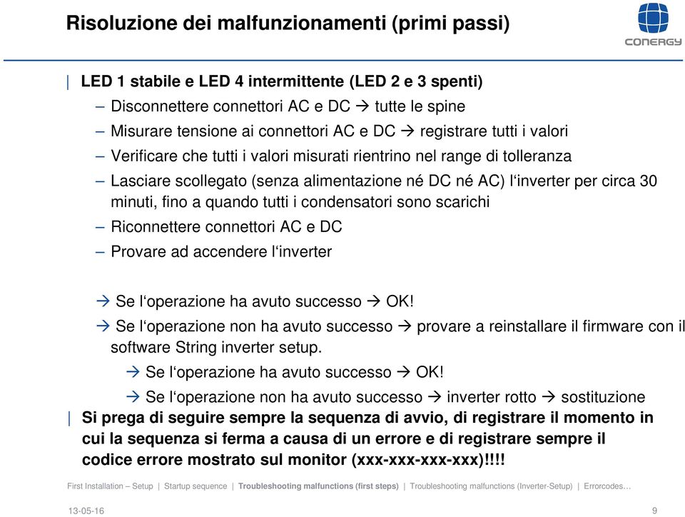 tutti i condensatori sono scarichi Riconnettere connettori AC e DC Provare ad accendere l inverter Se l operazione ha avuto successo OK!