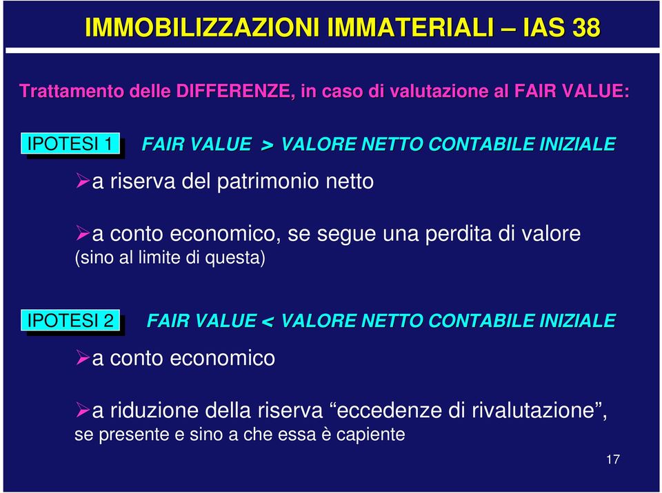 segue una perdita di valore (sino al limite di questa) IPOTESI 2 FAIR VALUE < VALORE NETTO CONTABILE INIZIALE