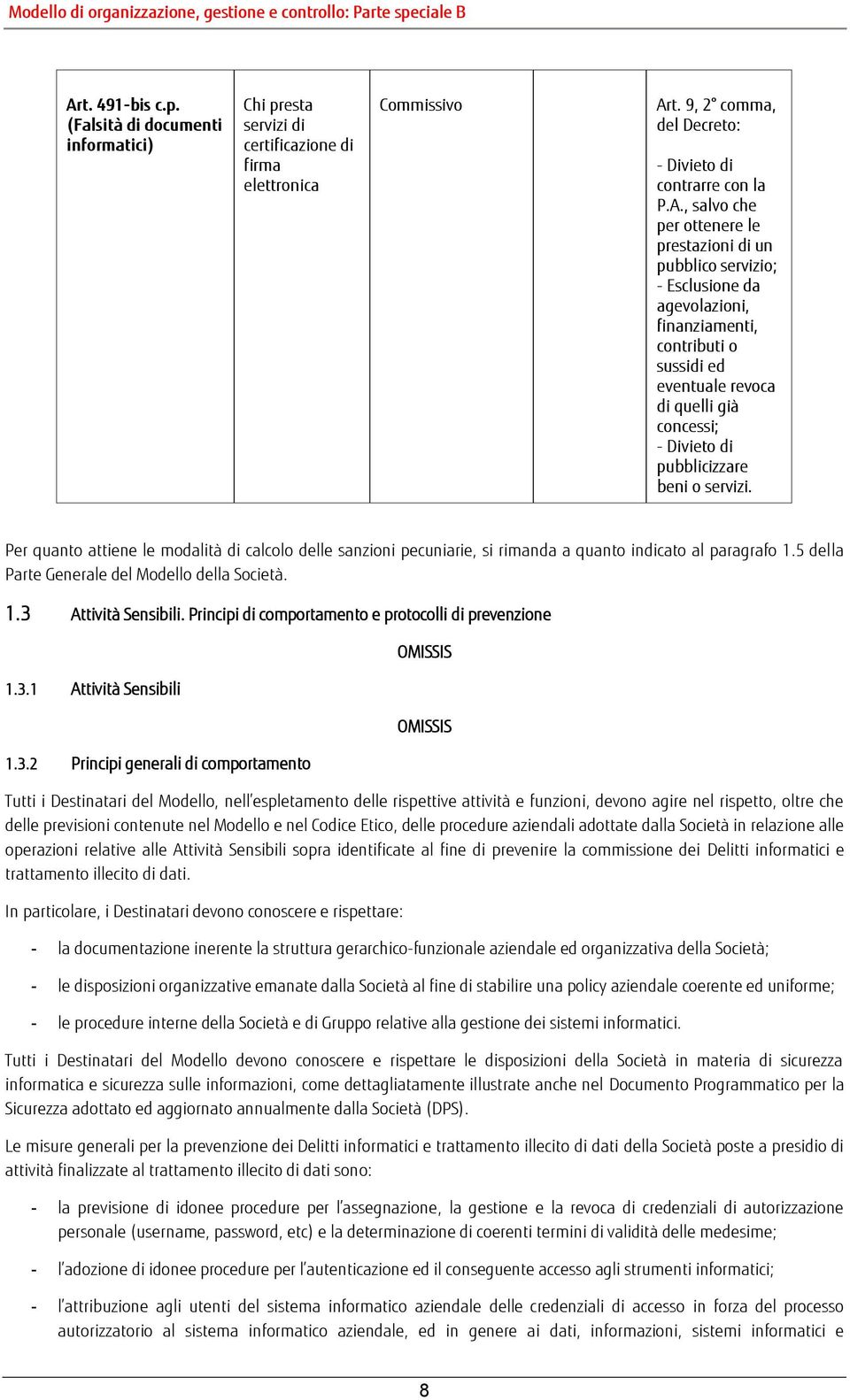 Per quanto attiene le modalità di calcolo delle sanzioni pecuniarie, si rimanda a quanto indicato al paragrafo 1.5 della Parte Generale del Modello della Società. 1.3 Attività Sensibili.