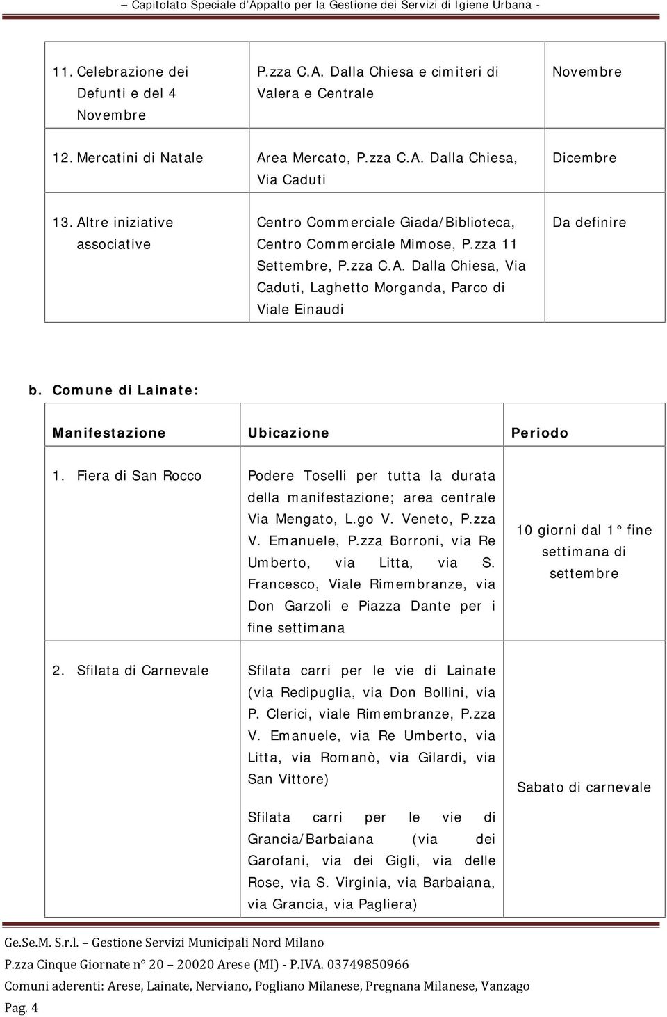 Comune di Lainate: 1. Fiera di San Rocco Podere Toselli per tutta la durata della manifestazione; area centrale Via Mengato, L.go V. Veneto, P.zza V. Emanuele, P.