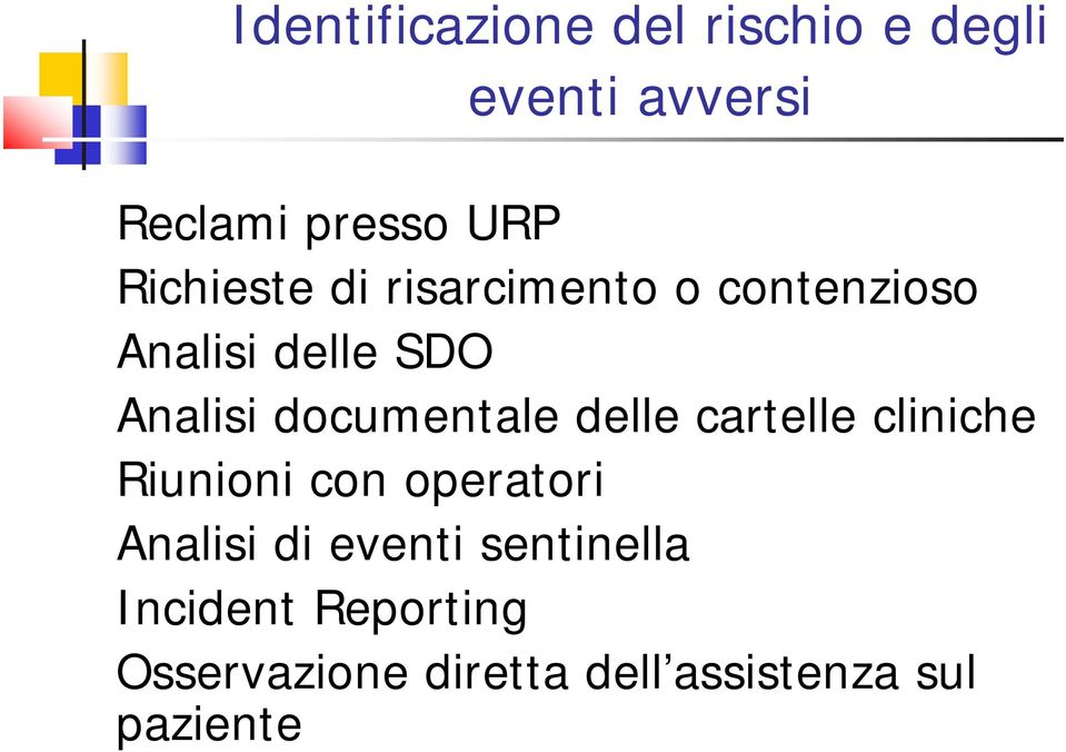 documentale delle cartelle cliniche Riunioni con operatori Analisi di