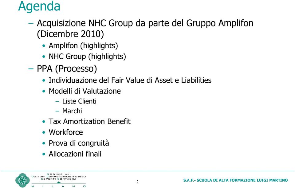 del Fair Value di Asset e Liabilities Modelli di Valutazione Liste Clienti