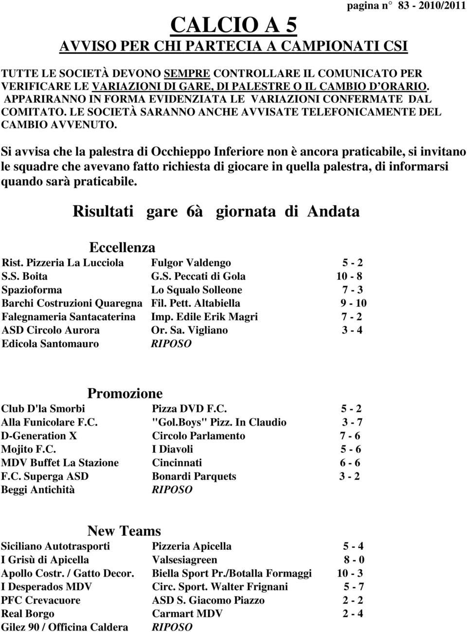 Si avvisa che la palestra di Occhieppo Inferiore non è ancora praticabile, si invitano le squadre che avevano fatto richiesta di giocare in quella palestra, di informarsi quando sarà praticabile.