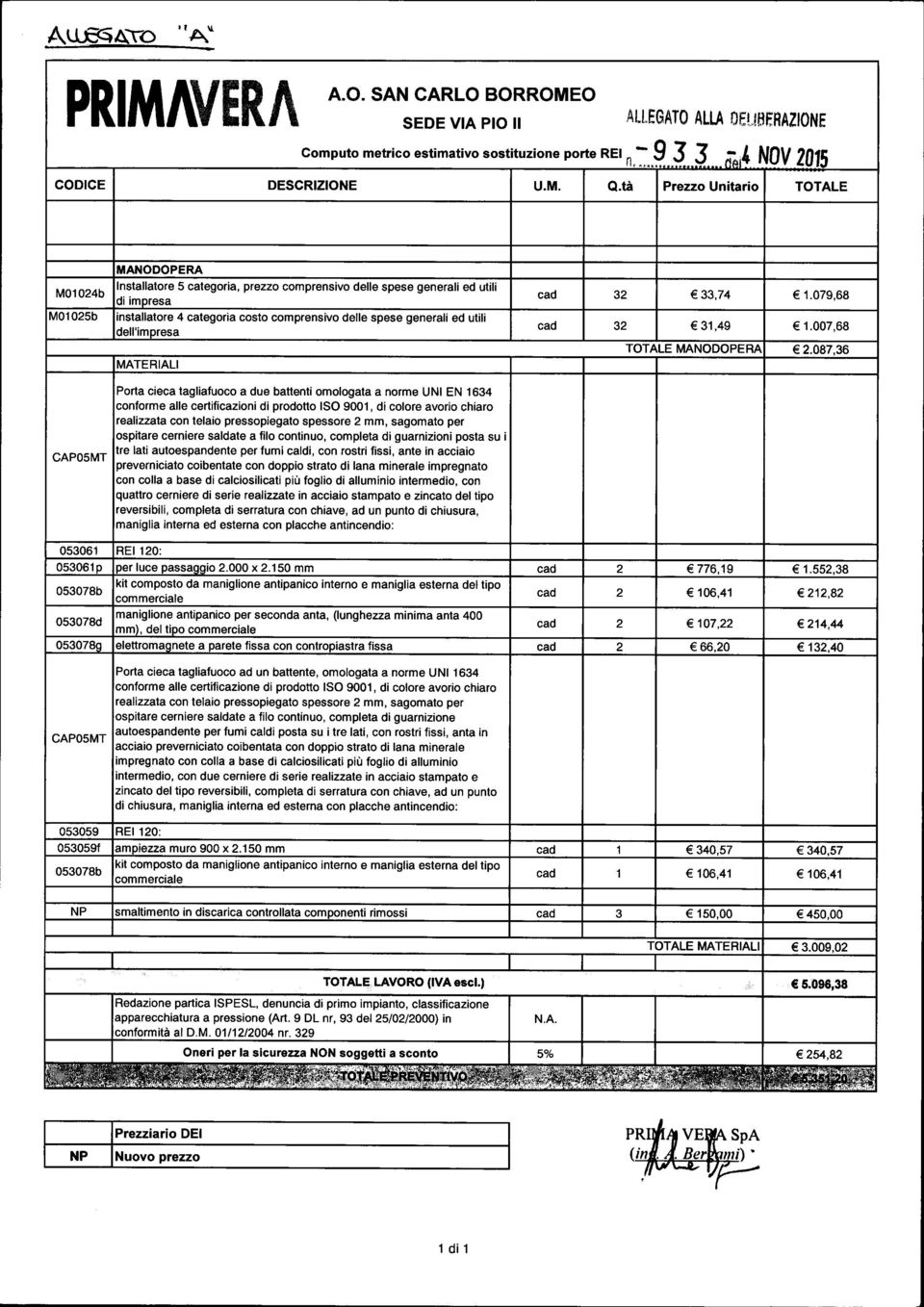 spese generali ed utili lell'imoresa VIATERIALI Porta cieca tagliafuoco a due battenti omologata a norme UNI EN 1634 conforme alle certificazioni di prodotto ISO 9001, di colore avorio chiaro