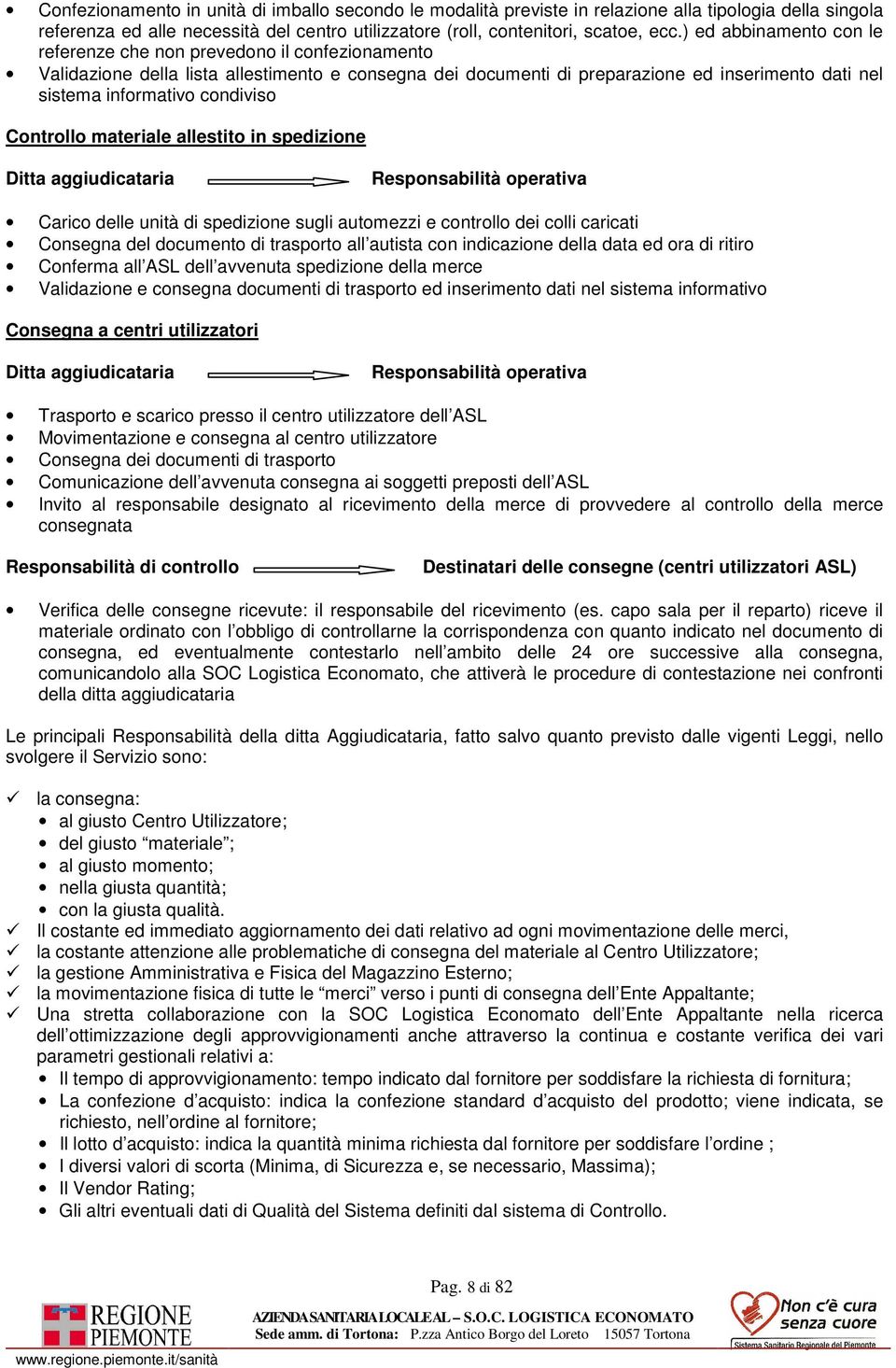 condiviso Controllo materiale allestito in spedizione Ditta aggiudicataria Responsabilità operativa Carico delle unità di spedizione sugli automezzi e controllo dei colli caricati Consegna del