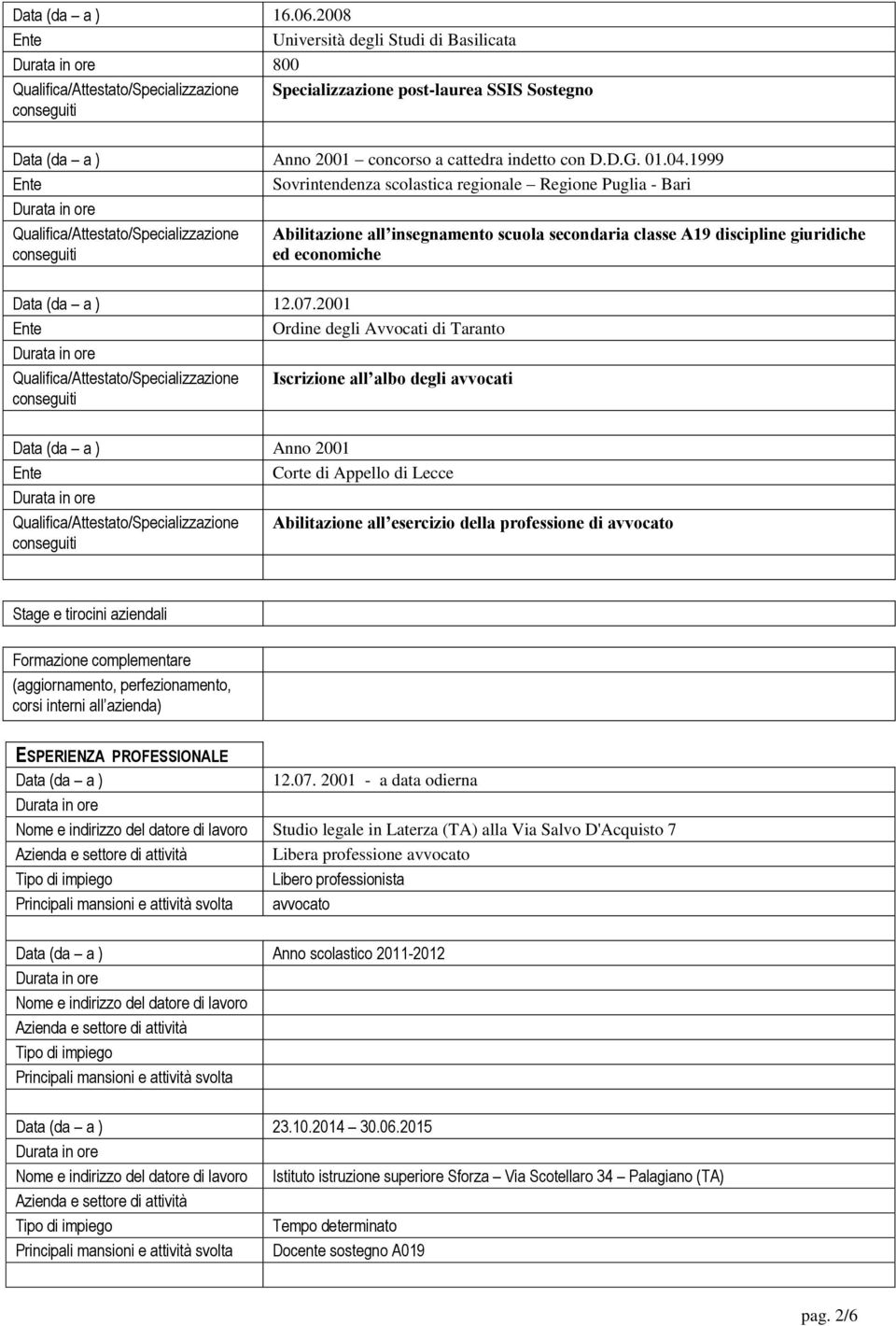 1999 Sovrintendenza scolastica regionale Regione Puglia - Bari Qualifica/Attestato/Specializzazione Abilitazione all insegnamento scuola secondaria classe A19 discipline giuridiche ed economiche Data