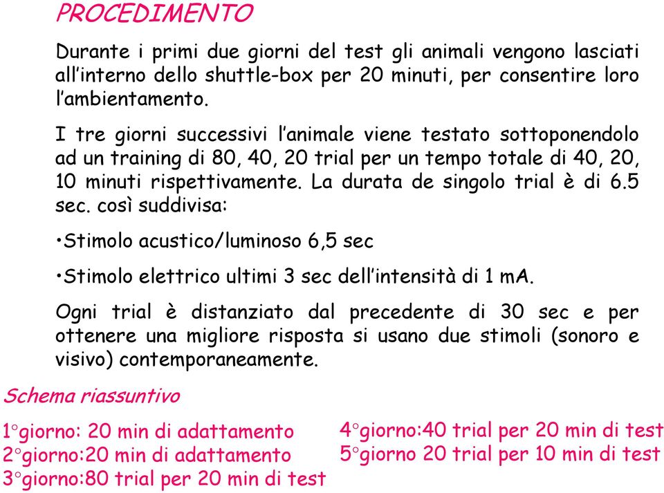 così suddivisa: Stimolo acustico/luminoso 6,5 sec Stimolo elettrico ultimi 3 sec dell intensità di 1 ma.