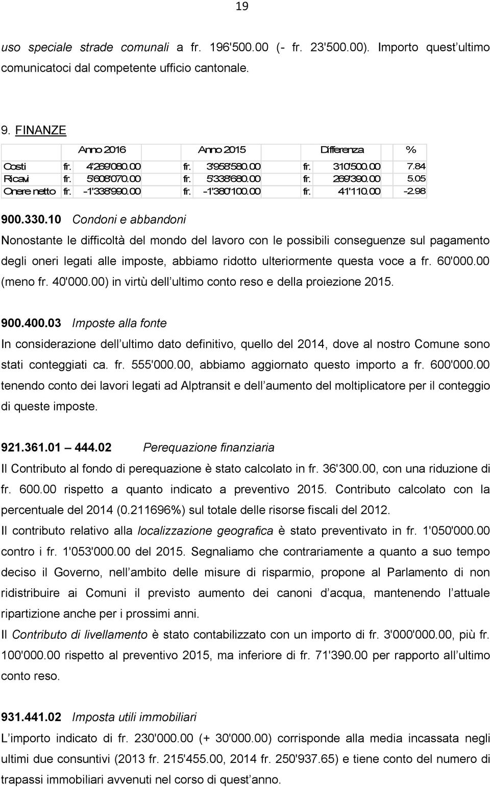 10 Condoni e abbandoni Nonostante le difficoltà del mondo del lavoro con le possibili conseguenze sul pagamento degli oneri legati alle imposte, abbiamo ridotto ulteriormente questa voce a fr. 60'000.