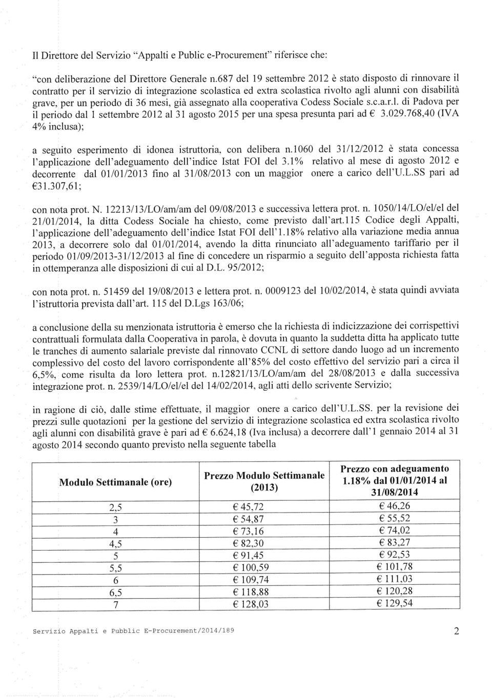 mesi, già assegnato alla cooperativa Codess Sociale s.c.a.r.l. di Padova per il periodo dal i settembre 2012 al 31 agosto 2015 per una spesa presunta pari ad 3.029.