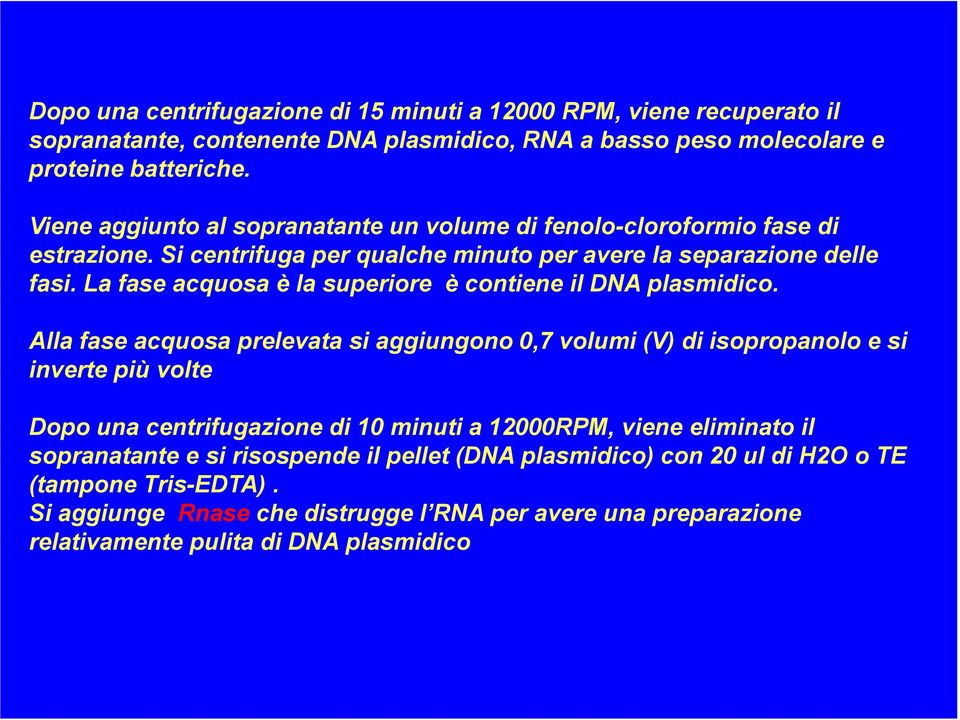 La fase acquosa è la superiore è contiene il DNA plasmidico.