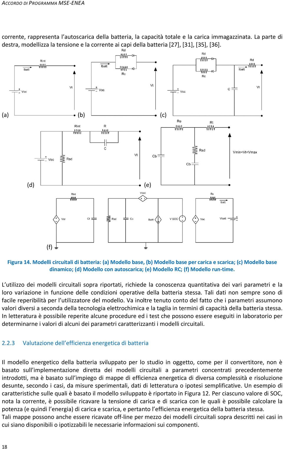 Modelli circuitali di batteria: (a) Modello base, (b) Modello base per carica e scarica; (c) Modello base dinamico; (d) Modello con autoscarica; (e) Modello RC; (f) Modello run-time.