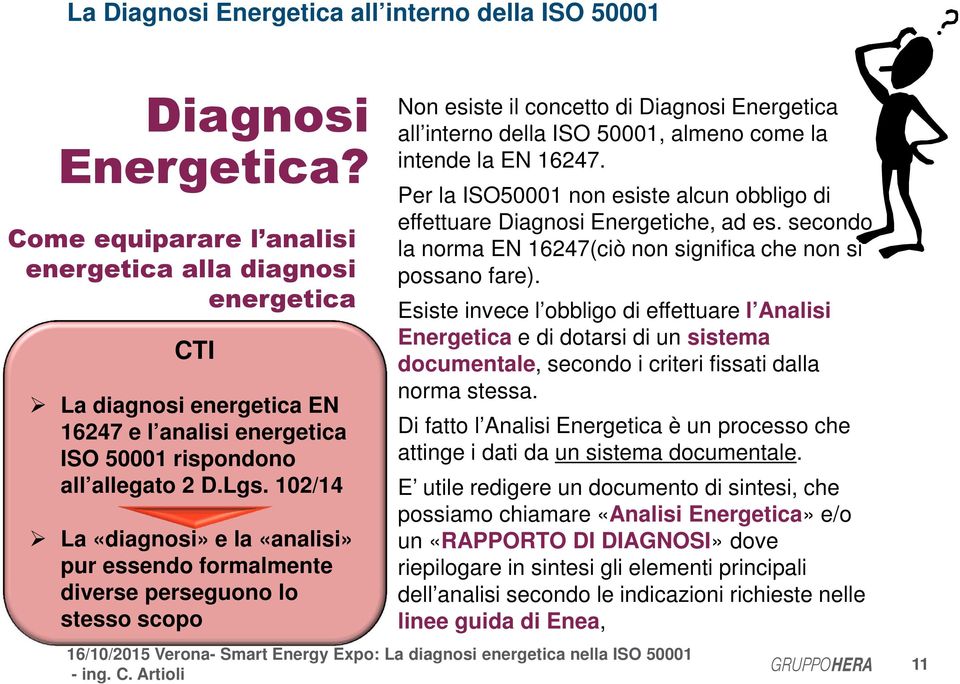 102/14 La «diagnosi» e la «analisi» pur essendo formalmente diverse perseguono lo stesso scopo Non esiste il concetto di Diagnosi Energetica all interno della ISO 50001, almeno come la intende la EN