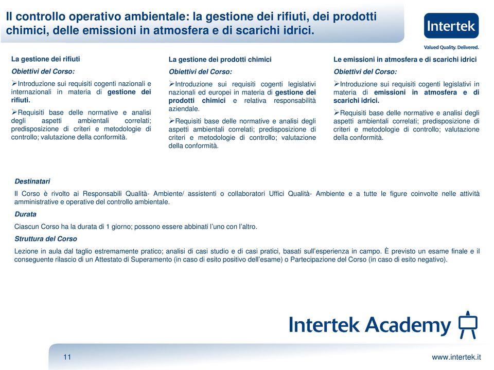 Requisiti base delle normative e analisi degli aspetti ambientali correlati; predisposizione di criteri e metodologie di controllo; valutazione della conformità.