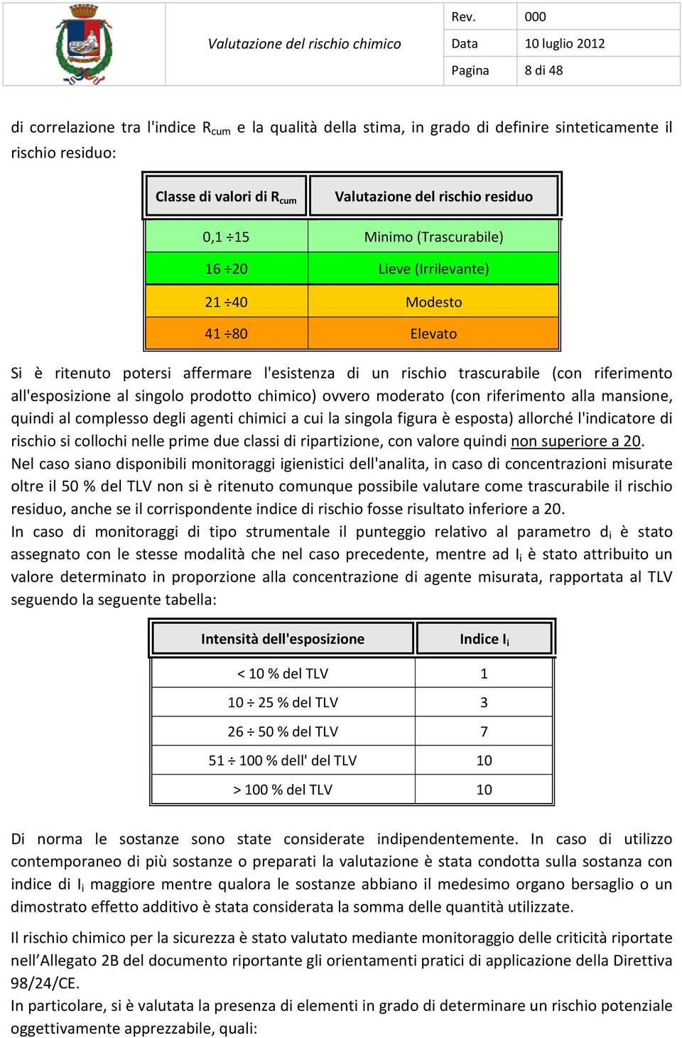 riferimento all'esposizione al singolo prodotto chimico) ovvero moderato (con riferimento alla mansione, quindi al complesso degli agenti chimici a cui la singola figura è esposta) allorché