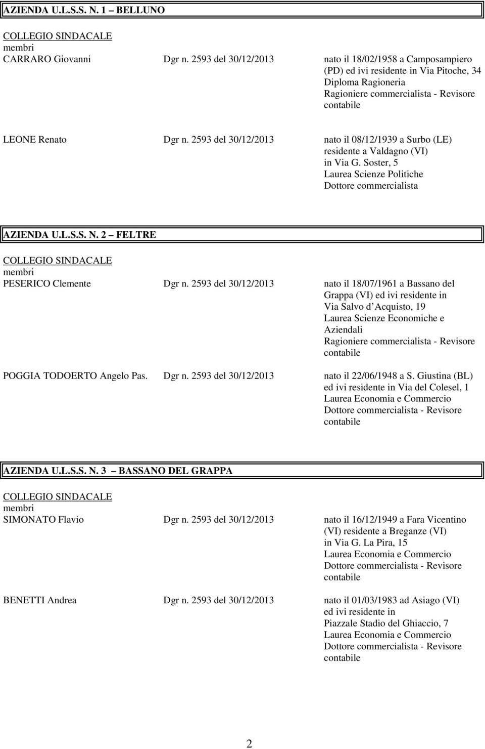 2593 del 30/12/2013 nato il 08/12/1939 a Surbo (LE) residente a Valdagno (VI) in Via G. Soster, 5 Laurea Scienze Politiche AZIENDA U.L.S.S. N. 2 FELTRE PESERICO Clemente Dgr n.