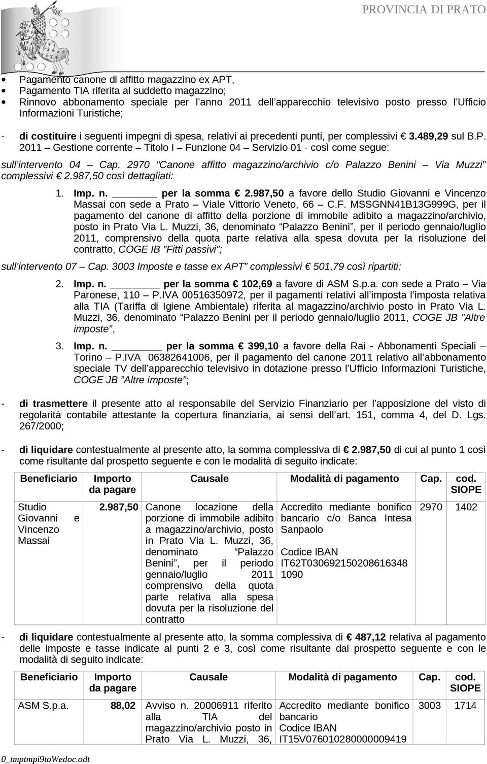 2011 Gestione corrente Titolo I Funzione 04 Servizio 01 - così come segue: sull intervento 04 Cap. 2970 Canone affitto magazzino/archivio c/o Palazzo Benini Via Muzzi complessivi 2.