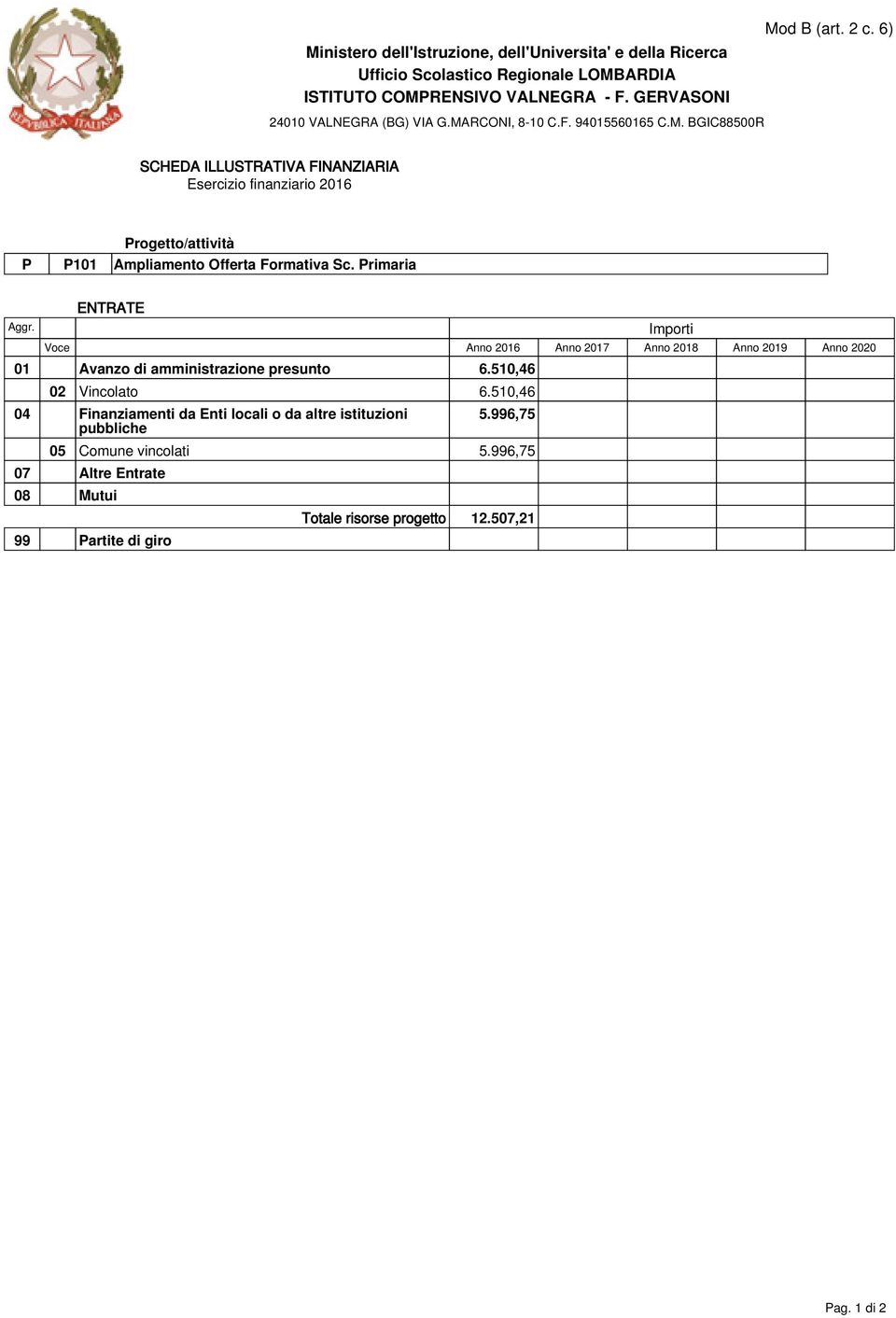 amministrazione presunto 6.510,46 02 Vincolato 6.