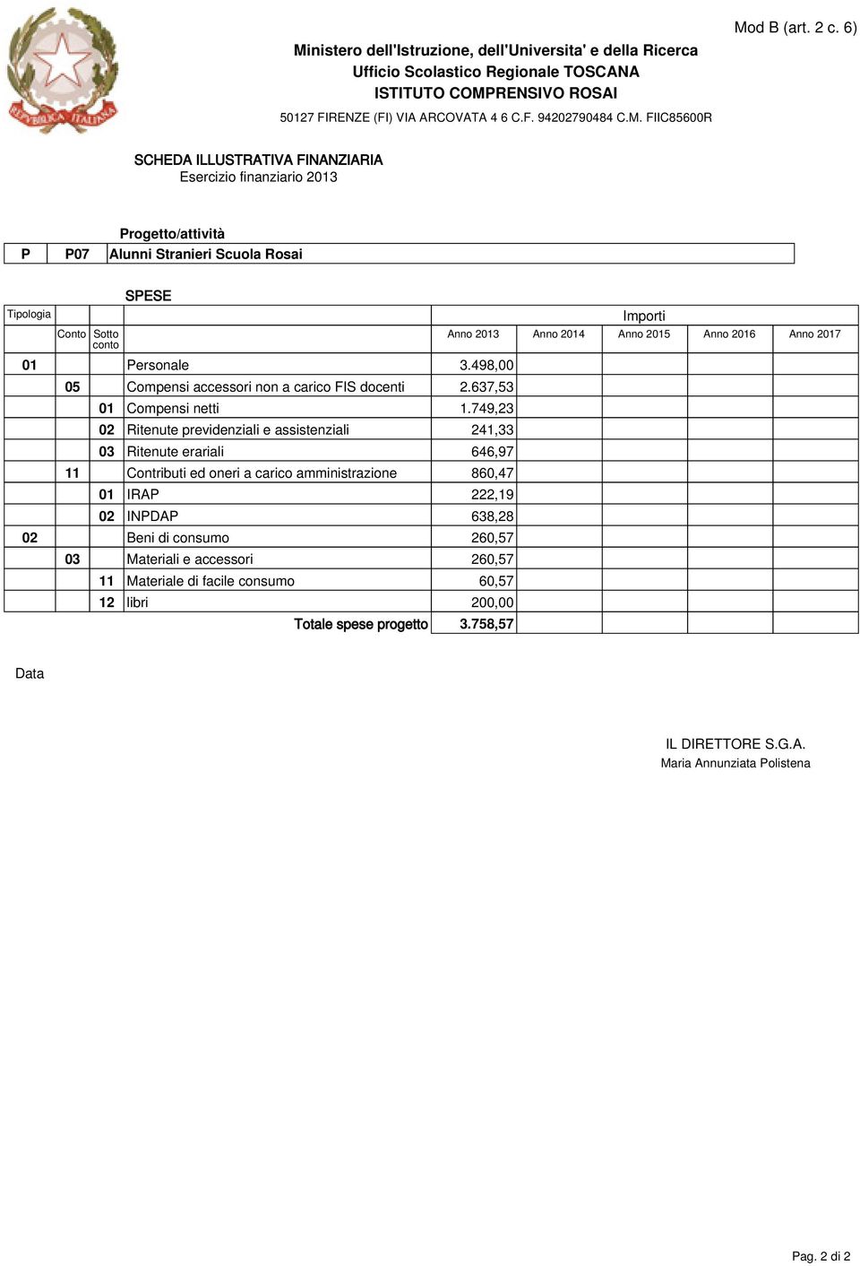 749,23 02 Ritenute previdenziali e assistenziali 241,33 03 Ritenute erariali 646,97 11 Contributi ed oneri a carico amministrazione