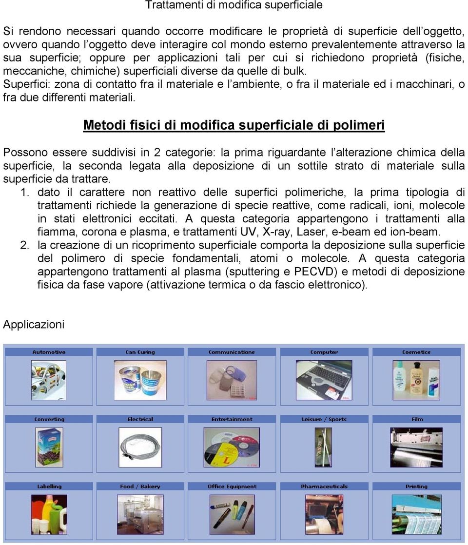 Superfici: zona di contatto fra il materiale e l ambiente, o fra il materiale ed i macchinari, o fra due differenti materiali.