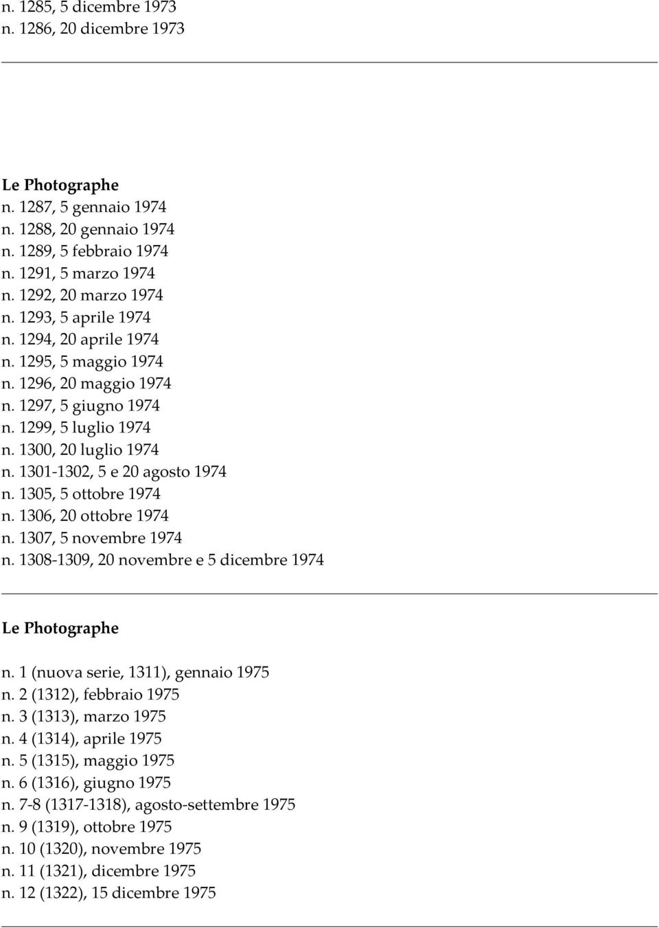 1305, 5 ottobre 1974 n. 1306, 20 ottobre 1974 n. 1307, 5 novembre 1974 n. 1308-1309, 20 novembre e 5 dicembre 1974 Le Photographe n. 1 (nuova serie, 1311), gennaio 1975 n. 2 (1312), febbraio 1975 n.