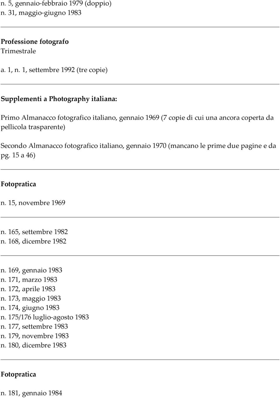 trasparente) Secondo Almanacco fotografico italiano, gennaio 1970 (mancano le prime due pagine e da pg. 15 a 46) Fotopratica n. 15, novembre 1969 n. 165, settembre 1982 n.
