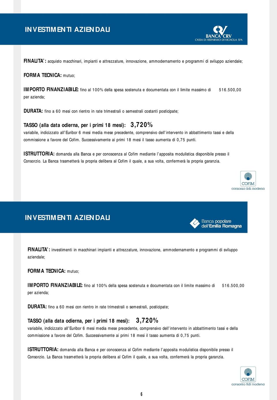 6 mesi media mese precedente, comprensivo dell intervento in abbattimento tassi e della FINALITA : investimenti in macchinari impianti e attrezzature, innovazione, ammodernamento e programmi di