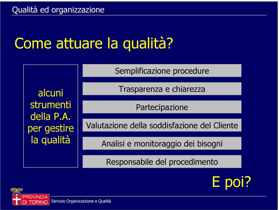 per gestire la qualità Trasparenza e chiarezza Partecipazione