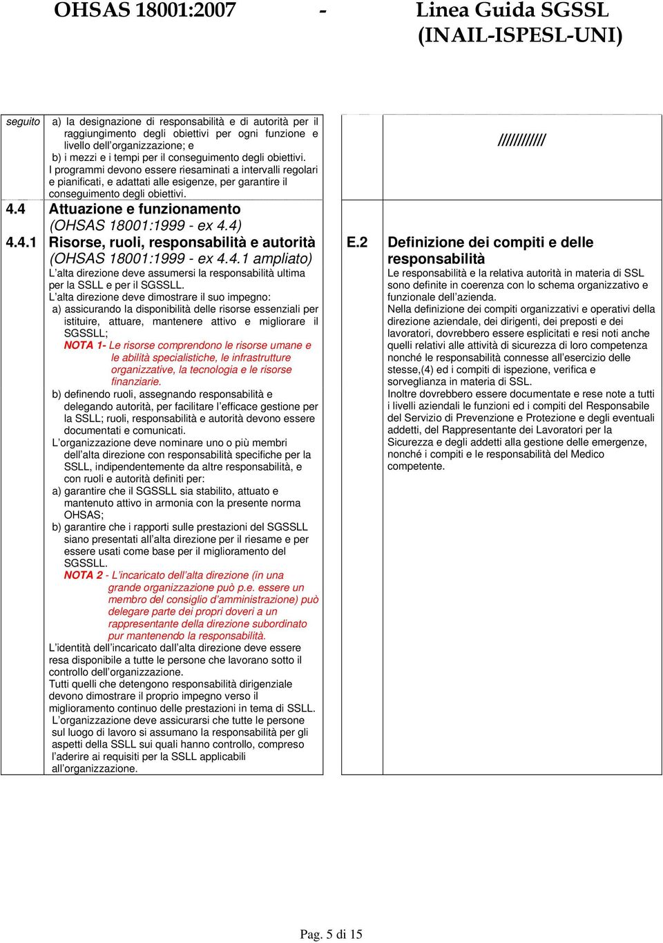 4 Attuazione e funzionamento (OHSAS 18001:1999 - ex 4.4) 4.4.1 Risorse, ruoli, responsabilità e autorità (OHSAS 18001:1999 - ex 4.4.1 ampliato) L alta direzione deve assumersi la responsabilità ultima per la SSLL e per il SGSSLL.