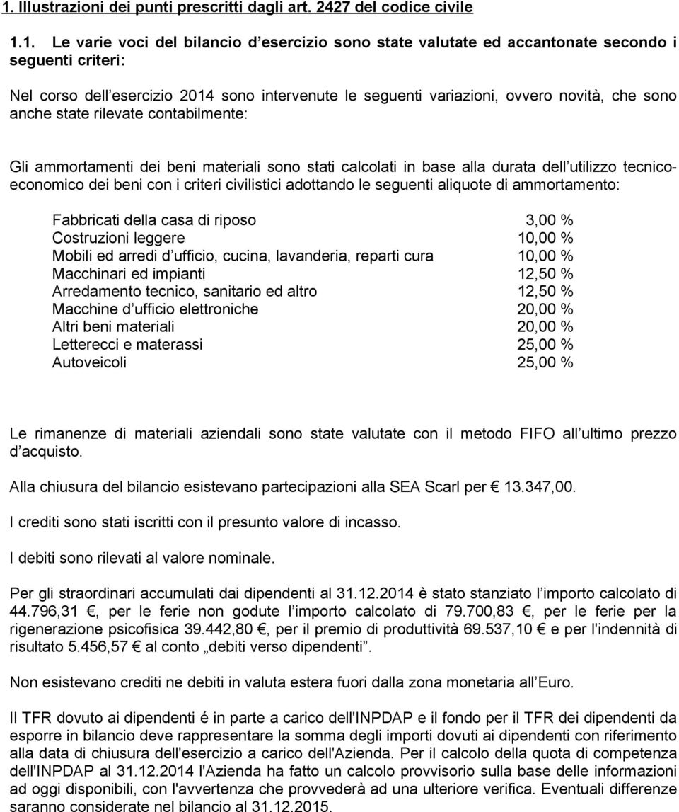 utilizzo tecnicoeconomico dei beni con i criteri civilistici adottando le seguenti aliquote di ammortamento: Fabbricati della casa di riposo 3,00 % Costruzioni leggere 10,00 % Mobili ed arredi d