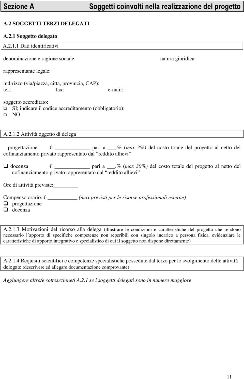 : fax: e-mail: soggetto accreditato: SI; indicare il codice accreditamento (obbligatorio): NO A.2.1.2 Attività oggetto di delega progettazione pari a.