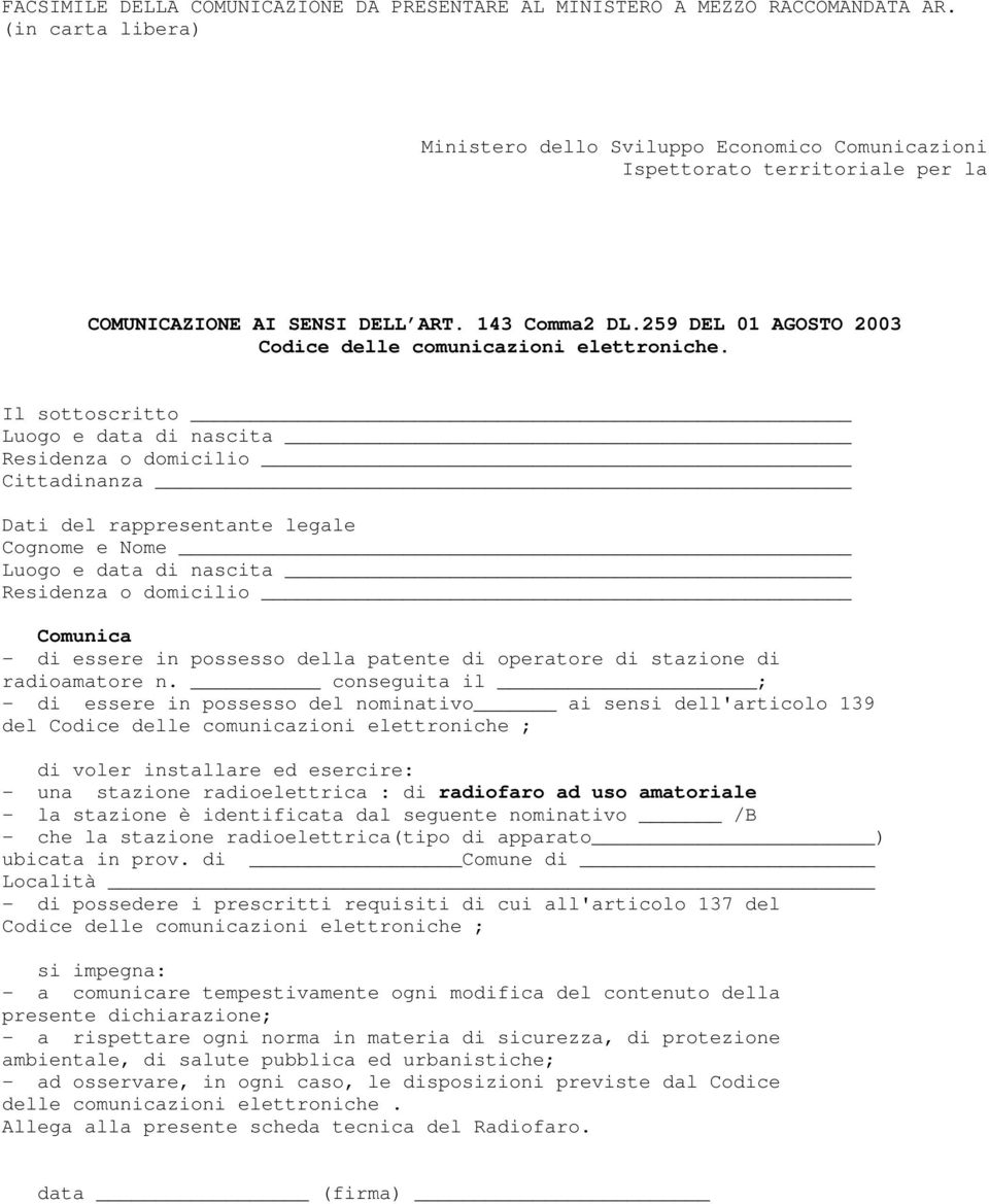 259 DEL 01 AGOSTO 2003 Codice delle comunicazioni elettroniche.