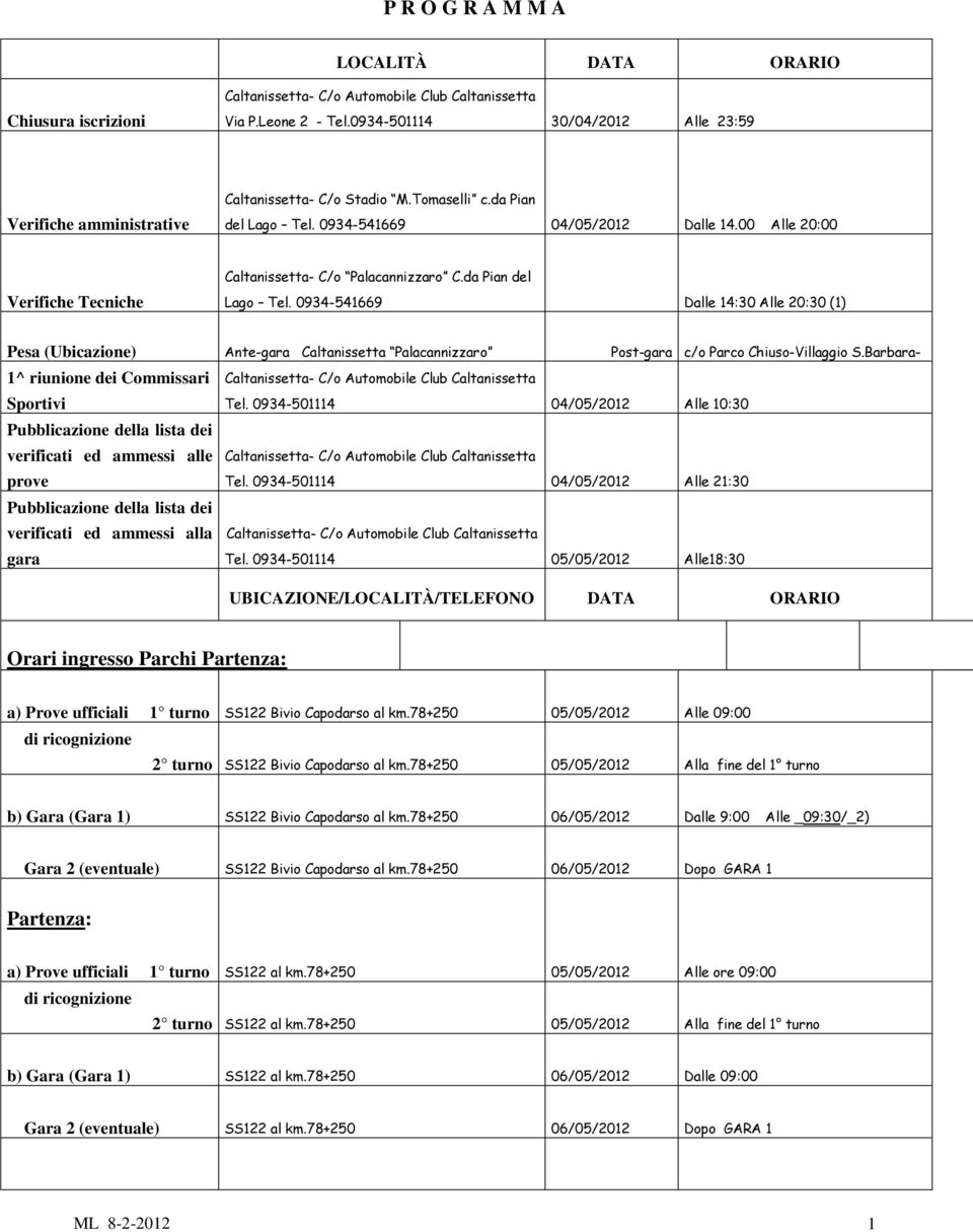 00 Alle 20:00 Verifiche Tecniche Caltanissetta- C/o Palacannizzaro C.da Pian del Lago Tel.
