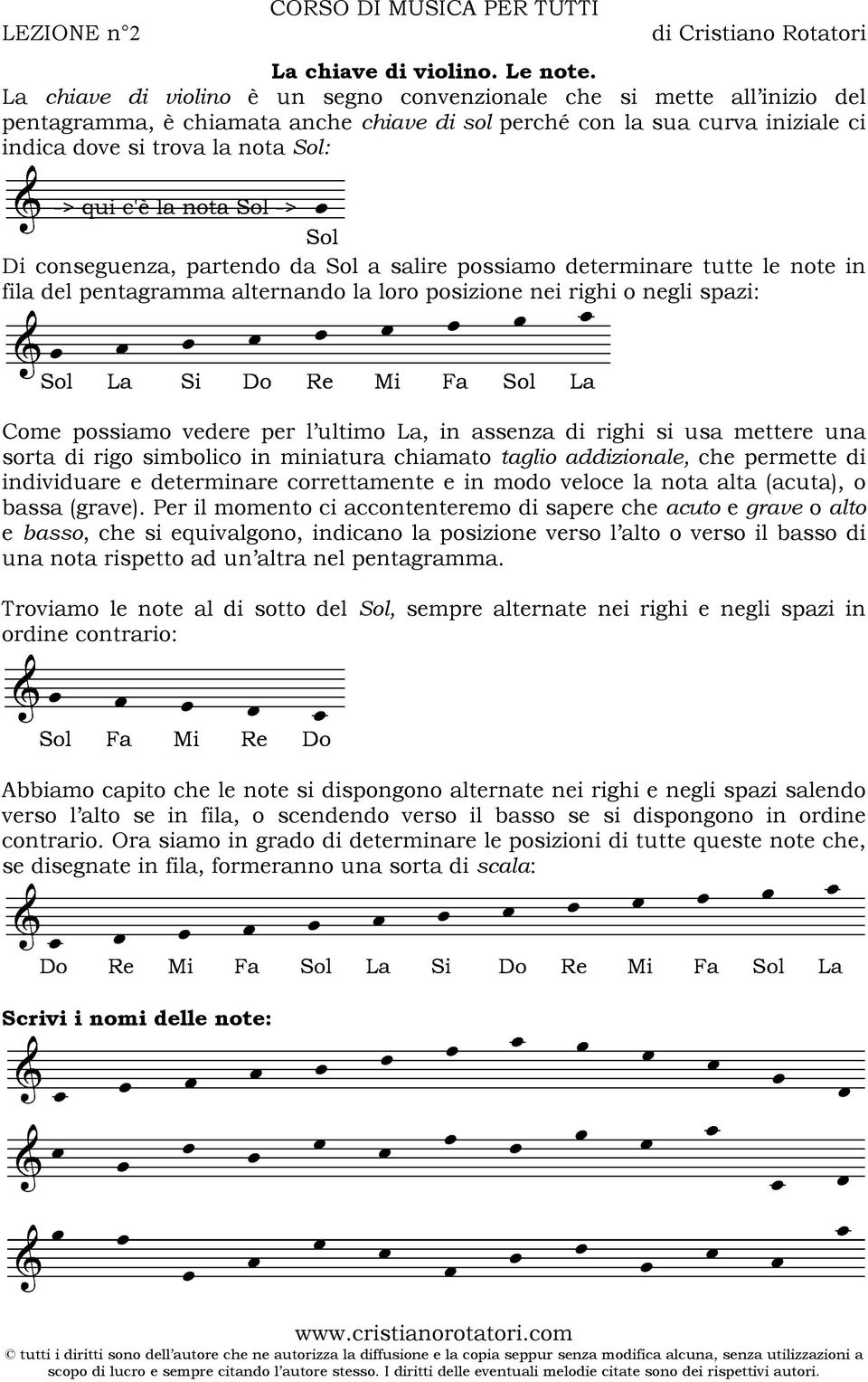 conseguenza, partendo da Sol a salire possiamo determinare tutte le note in fila del pentagramma alternando la loro posizione nei righi o negli spazi: Come possiamo vedere per l ultimo La, in assenza