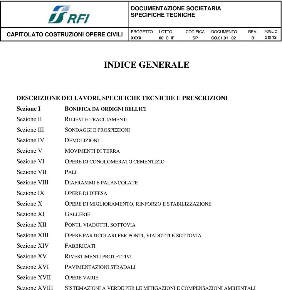 DI DIFESA Sezione X OPERE DI MIGLIORAMENTO, RINFORZO E STAILIZZAZIONE Sezione XI GALLERIE Sezione XII PONTI, VIADOTTI, SOTTOVIA Sezione XIII OPERE PARTICOLARI PER PONTI, VIADOTTI E