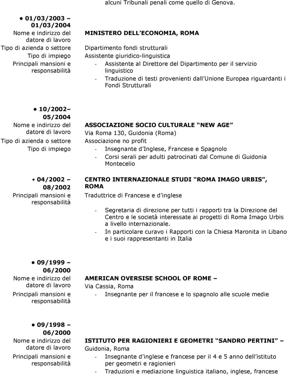 di testi provenienti dall Unione Europea riguardanti i Fondi Strutturali 10/2002 05/2004 ASSOCIAZIONE SOCIO CULTURALE NEW AGE Via Roma 130, Guidonia (Roma) Associazione no profit - Insegnante d