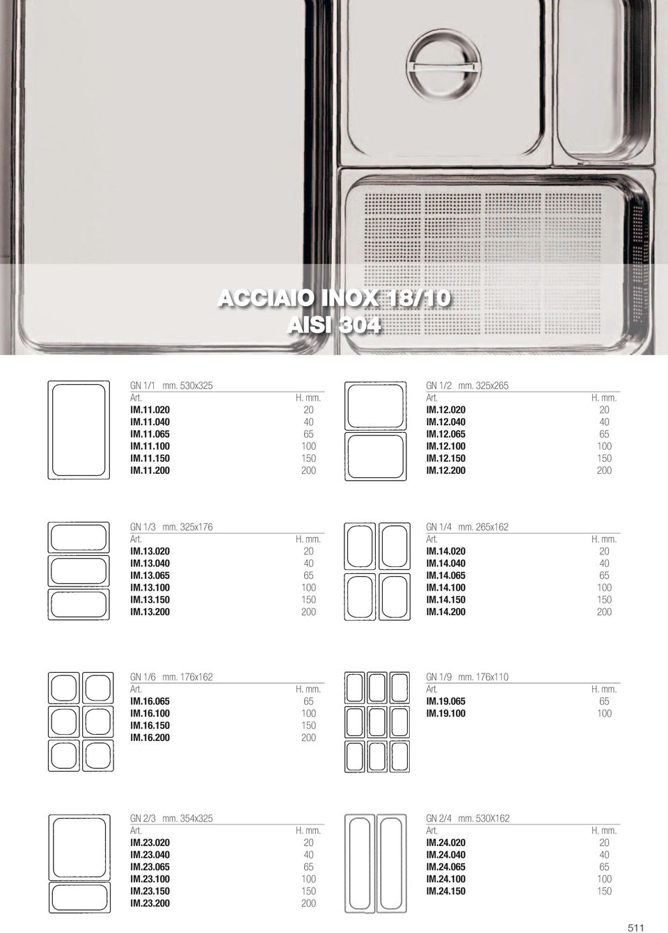 176x162 IM.16.065 65 IM.16.100 100 IM.16.150 150 IM.16.200 200 GN 1/9 mm. 176x110 IM.19.065 65 IM.19.100 100 GN 2/3 mm. 354x325 IM.23.020 20 IM.23.040 40 IM.23.065 65 IM.23.100 100 IM.23.150 150 IM.23.200 200 GN 2/4 mm.