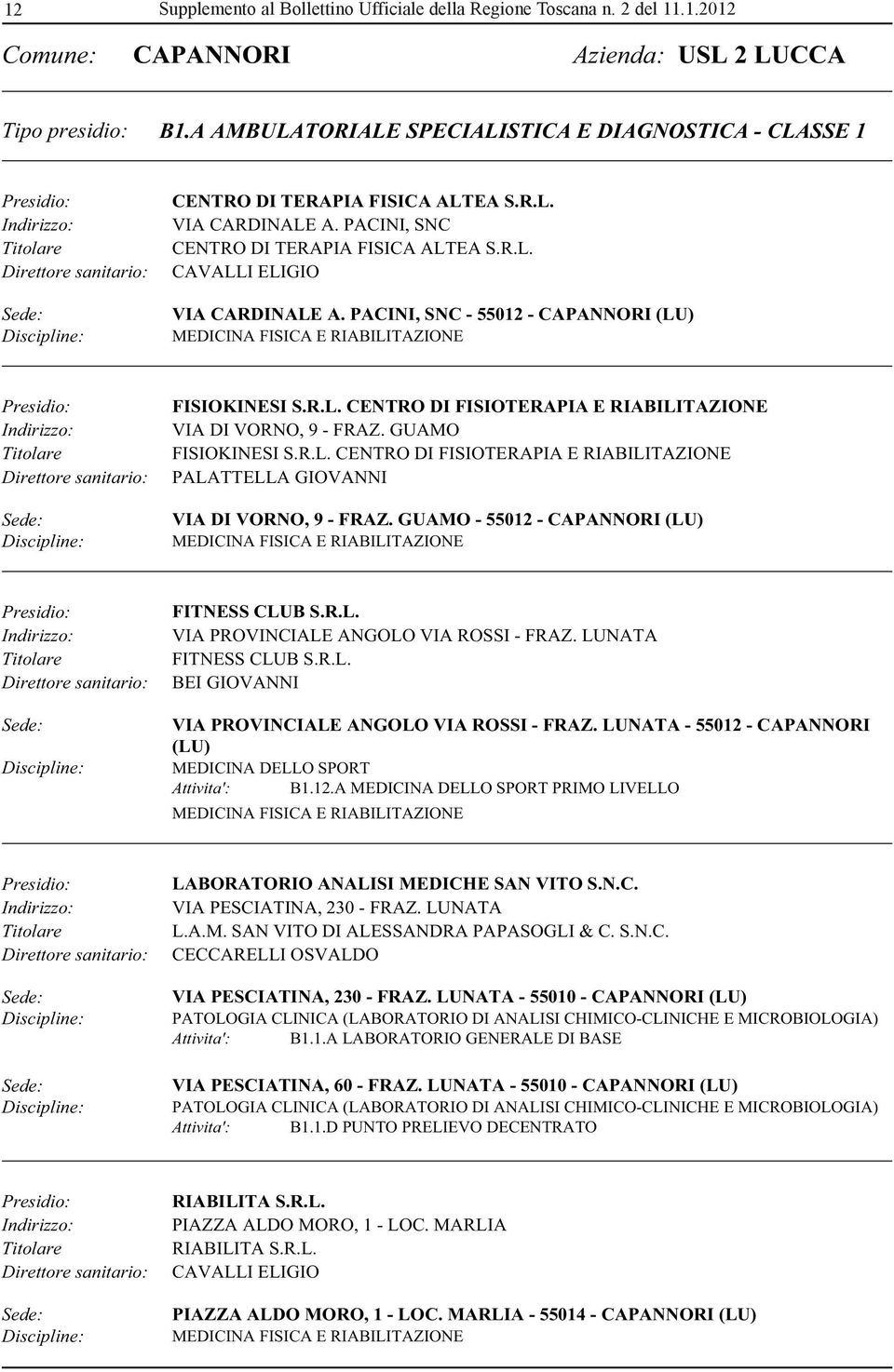 PACINI, SNC - 55012 - CAPANNORI (LU) FISIOKINESI S.R.L. CENTRO DI FISIOTERAPIA E RIABILITAZIONE VIA DI VORNO, 9 - FRAZ. GUAMO FISIOKINESI S.R.L. CENTRO DI FISIOTERAPIA E RIABILITAZIONE PALATTELLA GIOVANNI VIA DI VORNO, 9 - FRAZ.