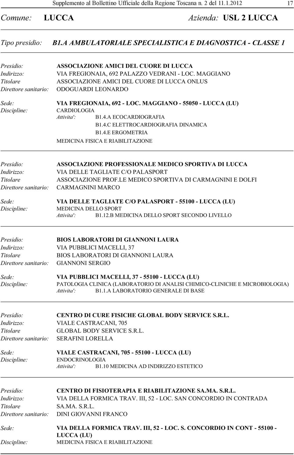 MAGGIANO ASSOCIAZIONE AMICI DEL CUORE DI LUCCA ONLUS ODOGUARDI LEONARDO VIA FREGIONAIA, 692 - LOC. MAGGIANO - 55050 - LUCCA (LU) Attivita': B1.4.A ECOCARDIOGRAFIA B1.4.C ELETTROCARDIOGRAFIA DINAMICA B1.