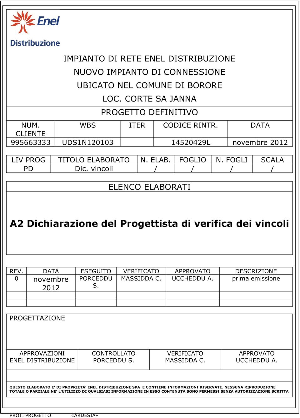 vincoli / / / / ELENCO ELABORATI A2 Dichiarazione del Progettista di verifica dei vincoli REV. DATA ESEGUITO VERIFICATO APPROVATO DESCRIZIONE 0 novembre PORCEDDU MASSIDDA C. UCCHEDDU A.