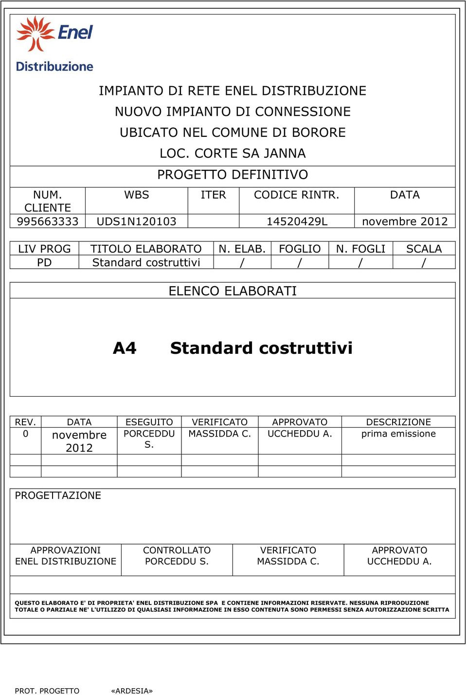 DATA ESEGUITO VERIFICATO APPROVATO DESCRIZIONE 0 novembre PORCEDDU MASSIDDA C. UCCHEDDU A. prima emissione 2012 S. PROGETTAZIONE APPROVAZIONI ENEL DISTRIBUZIONE CONTROLLATO PORCEDDU S.